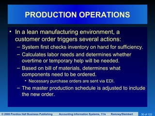 © 2008 Prentice Hall Business Publishing Accounting Information Systems, 11/e Romney/Steinbart 30 of 122
PRODUCTION OPERATIONS
• In a lean manufacturing environment, a
customer order triggers several actions:
– System first checks inventory on hand for sufficiency.
– Calculates labor needs and determines whether
overtime or temporary help will be needed.
– Based on bill of materials, determines what
components need to be ordered.
• Necessary purchase orders are sent via EDI.
– The master production schedule is adjusted to include
the new order.
 