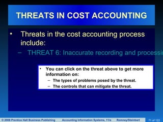 © 2008 Prentice Hall Business Publishing Accounting Information Systems, 11/e Romney/Steinbart 71 of 122
THREATS IN COST ACCOUNTING
• Threats in the cost accounting process
include:
– THREAT 6: Inaccurate recording and processin
• You can click on the threat above to get more
information on:
– The types of problems posed by the threat.
– The controls that can mitigate the threat.
 