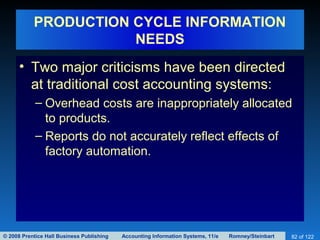 © 2008 Prentice Hall Business Publishing Accounting Information Systems, 11/e Romney/Steinbart 82 of 122
PRODUCTION CYCLE INFORMATION
NEEDS
• Two major criticisms have been directed
at traditional cost accounting systems:
– Overhead costs are inappropriately allocated
to products.
– Reports do not accurately reflect effects of
factory automation.
 