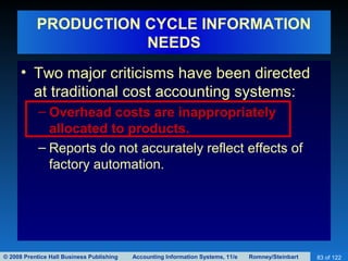 © 2008 Prentice Hall Business Publishing Accounting Information Systems, 11/e Romney/Steinbart 83 of 122
PRODUCTION CYCLE INFORMATION
NEEDS
• Two major criticisms have been directed
at traditional cost accounting systems:
– Overhead costs are inappropriately
allocated to products.
– Reports do not accurately reflect effects of
factory automation.
 