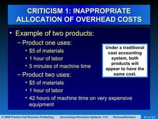 © 2008 Prentice Hall Business Publishing Accounting Information Systems, 11/e Romney/Steinbart 87 of 122
CRITICISM 1: INAPPROPRIATE
ALLOCATION OF OVERHEAD COSTS
• Example of two products:
– Product one uses:
• $5 of materials
• 1 hour of labor
• 5 minutes of machine time
– Product two uses:
• $5 of materials
• 1 hour of labor
• 42 hours of machine time on very expensive
equipment
Under a traditional
cost accounting
system, both
products will
appear to have the
same cost.
 