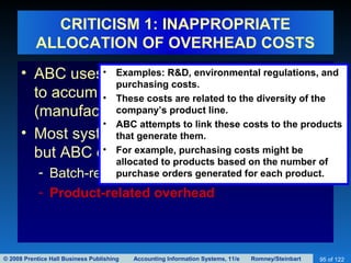 © 2008 Prentice Hall Business Publishing Accounting Information Systems, 11/e Romney/Steinbart 95 of 122
CRITICISM 1: INAPPROPRIATE
ALLOCATION OF OVERHEAD COSTS
• ABC uses a greater number of cost pools
to accumulate indirect costs
(manufacturing overhead).
• Most systems lump all overhead together,
but ABC distinguishes three categories:
- Batch-related overhead
- Product-related overhead
• Examples: R&D, environmental regulations, and
purchasing costs.
• These costs are related to the diversity of the
company’s product line.
• ABC attempts to link these costs to the products
that generate them.
• For example, purchasing costs might be
allocated to products based on the number of
purchase orders generated for each product.
 