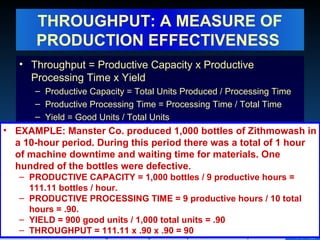 © 2008 Prentice Hall Business Publishing Accounting Information Systems, 11/e Romney/Steinbart 115 of 122
THROUGHPUT: A MEASURE OF
PRODUCTION EFFECTIVENESS
• Throughput = Productive Capacity x Productive
Processing Time x Yield
– Productive Capacity = Total Units Produced / Processing Time
– Productive Processing Time = Processing Time / Total Time
– Yield = Good Units / Total Units
• EXAMPLE: Manster Co. produced 1,000 bottles of Zithmowash in
a 10-hour period. During this period there was a total of 1 hour
of machine downtime and waiting time for materials. One
hundred of the bottles were defective.
– PRODUCTIVE CAPACITY = 1,000 bottles / 9 productive hours =
111.11 bottles / hour.
– PRODUCTIVE PROCESSING TIME = 9 productive hours / 10 total
hours = .90.
– YIELD = 900 good units / 1,000 total units = .90
– THROUGHPUT = 111.11 x .90 x .90 = 90
 