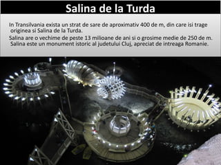 Salina de la Turda
In Transilvania exista un strat de sare de aproximativ 400 de m, din care isi trage
originea si Salina de la Turda.
Salina are o vechime de peste 13 milioane de ani si o grosime medie de 250 de m.
Salina este un monument istoric al judetului Cluj, apreciat de intreaga Romanie.
 
