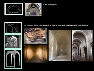 Volta de canó Volta de canó amb arcs faixons Volta d’aresta contraforts Arc de mig punt Les cobertes són la volta de canó, la volta de canó amb arcs faixons i la volta d’aresta . L’arc de mig punt 