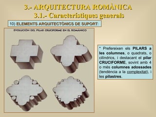 3.- ARQUITECTURA ROMÀNICA 3.1.- Característiques generals * Prefereixen els  PILARS a les columnes , o quadrats, o cilíndrics, i destacant el  pilar CRUCIFORME , sovint amb 4 o més  columnes adossades  (tendència a la  complexitat ), i les  pilastres .  10)  ELEMENTS ARQUITECTÒNICS DE SUPORT :  