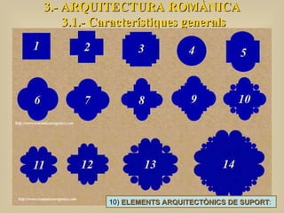 3.- ARQUITECTURA ROMÀNICA 3.1.- Característiques generals 10)  ELEMENTS ARQUITECTÒNICS DE SUPORT :  