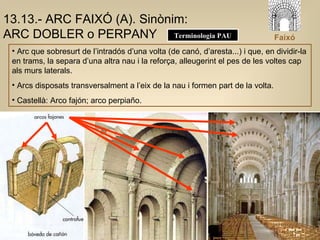 13.13.- ARC FAIXÓ (A). Sinònim: ARC DOBLER o PERPANY  Arc que sobresurt de l’intradós d’una volta (de canó, d’aresta...) i que, en dividir-la en trams, la separa d’una altra nau i la reforça, alleugerint el pes de les voltes cap als murs laterals. Arcs disposats transversalment a l’eix de la nau i formen part de la volta. Castellà: Arco fajón; arco perpiaño. Terminologia PAU Faixó 