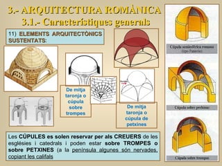 3.- ARQUITECTURA ROMÀNICA 3.1.- Característiques generals Les  CÚPULES es solen reservar per als CREUERS  de les esglésies i catedrals i poden estar  sobre TROMPES o sobre PETXINES  (a la  península algunes són nervades, copiant les califals 11)  ELEMENTS ARQUITECTÒNICS SUSTENTATS : De mitja taronja o cúpula sobre trompes De mitja taronja o cúpula de petxines 