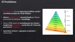 • El feudalisme és una estructura política, social i
econòmica pròpia de l'Edat Mitjana
• Abarca segles V al XV caracteritzada per llaços
personals de fidelitat i vassallatge
• (dura 1000 anys) es revitalitzaran les ciutats i
sorgirà una nova classe social dins de l'estat pla
que serà la burgesia
• Apareixen artesans (agrupats en gremis) i
comercials
El Feudalisme
 