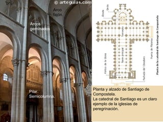 Planta y alzado de Santiago de Compostela. La catedral de Santiago es un claro ejemplo de la iglesias de peregrinación. Pilar.  Semicolumna. Arco  fajón. Arcos geminados . 