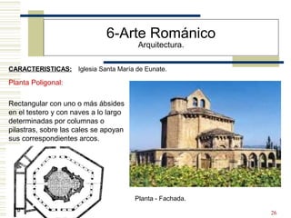 26
6-Arte Románico
Arquitectura.
CARACTERISTICAS: Iglesia Santa María de Eunate.
Planta Poligonal:
Rectangular con uno o más ábsides
en el testero y con naves a lo largo
determinadas por columnas o
pilastras, sobre las cales se apoyan
sus correspondientes arcos.
Planta - Fachada.
 