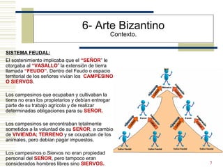 7
6- Arte Bizantino
Contexto.
SISTEMA FEUDAL:
El sostenimiento implicaba que el “SEÑOR” le
otorgaba al “VASALLO” la extensión de tierra
llamada “FEUDO”. Dentro del Feudo o espacio
territorial de los señores vivían los CAMPESINOS
O SIERVOS.
Los campesinos que ocupaban y cultivaban la
tierra no eran los propietarios y debían entregar
parte de su trabajo agrícola y de realizar
determinadas obligaciones para su SEÑOR.
Los campesinos se encontraban totalmente
sometidos a la voluntad de su SEÑOR, a cambio
de VIVIENDA; TERRENO y se ocupaban de los
animales, pero debían pagar impuestos.
Los campesinos o Siervos no eran propiedad
personal del SEÑOR, pero tampoco eran
considerados hombres libres sino SIERVOS.
 