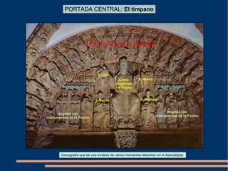 PORTADA CENTRAL: El tímpano
Cristo
mostrando
las llagas
S. Juan
S. Lucas
S. Mateo
S. Marcos
Ángeles con
instrumentos de la Pasión
Ángeles con
instrumentos de la Pasión
Bienaventurados Bienaventurados
24 ancianos del apocalipsis
Iconografía que es una síntesis de varios momentos descritos en el Apocalipsis.
 