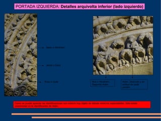 Adán. Desnudo y en
actitud de pedir
perdón.
Noé o Abraham.
Segundo Adán.
Isaac o Abraham
Jacob o Esaú
Esau o Juda
PORTADA IZQUIERDA: Detalles arquivolta inferior (lado izquierdo)
Como se puede apreciar las identificaciones son todavía hoy objeto de debate entre los especialistas. Sólo existe
unanimidad en la identificación de Adán.
 