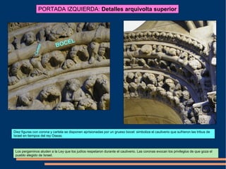 PORTADA IZQUIERDA: Detalles arquivolta superior
Diez figuras con corona y cartela se disponen aprisionadas por un grueso bocel: simboliza el cautiverio que sufrieron las tribus de
Israel en tiempos del rey Oseas.
Los pergaminos aluden a la Ley que los judíos respetaron durante el cautiverio. Las coronas evocan los privilegios de que goza el
pueblo elegido de Israel.
BOCEL
Cartela
 