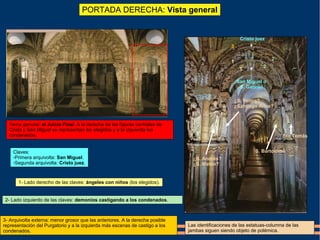 PORTADA DERECHA: Vista general
Cristo juez
San Miguel o
S. Gabriel
1
1
2
2
3
Claves:
-Primera arquivolta: San Miguel.
-Segunda arquivolta: Cristo juez.
1- Lado derecho de las claves: ángeles con niños (los elegidos).
2- Lado izquierdo de las claves: demonios castigando a los condenados.
3- Arquivolta externa: menor grosor que las anteriores. A la derecha posible
representación del Purgatorio y a la izquierda más escenas de castigo a los
condenados.
Tema general: el Juicio Final. A la derecha de las figuras centrales de
Cristo y San Miguel se representan los elegidos y a la izquierda los
condenados.
¿S. Andrés?
¿S. Mateo?
¿S. Felipe?
¿Santiago Alfeo?
S. Bartolomé
Sto Tomás
Las identificaciones de las estatuas-columna de las
jambas siguen siendo objeto de polémica.
 