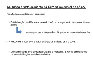 Mudança e fortalecimento da Europa Ocidental no séc.XI

Três factores contribuíram para isso:


   Estabilização dos Bárbaros, sua admissão e miscigenação nas comunidades
   cristãs


                 Menos guerras e fixação dos Húngaros no Leste da Alemanha



   Recuo do árabes com a fragmentação do califado de Córdova;



   Crescimento de uma civilização urbana e mercantil, a par da permanência
   de uma civilização feudal e monástica
 