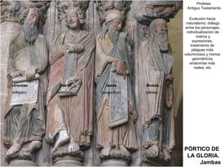 Profetas.
                                                     Antiguo Testamento

                                                        Evolución hacia
                                                     naturalismo: diálogo
                                                     entre los personajes,
                                                      individualización de
                                                            rostros y
                                                         expresiones,
                                                        tratamiento de
                                                         pliegues más
                                                    voluminosos y menos
                                                          geométricos,
                                                        anatomías más
                                                           reales, etc.



Jeremías       Daniel        Isaías      Moisés
(Afligido)   (sonriente)   (pergamino)   (tablas)




                                                    PÓRTICO DE
                                                     LA GLORIA.
                                                         Jambas
 
