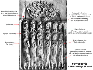 Perspectiva jerárquica:
sólo Virgen por encima         Adaptación al marco:
  de demás cabezas        El espacio límite dentro del cual
                            se tiende al horror vacui son
                             dos columnas laterales y
                              un arco de medio punto

       Isocefalia

                                  Expresionismo
                             (Rasgos muy marcados
  Rigidez, hieratismo     como ojos almendrados grandes)



                                Anatomía se oculta
     Alargamiento                bajo los ropajes
      Del canon


                                    Antinaturalismo
                            (convencionalismo en postura
                           de los pies para expresar estado
                                 de exaltación místico)




                             PENTECOSTÉS
                          Santo Domingo de Silos
 