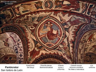 División de superficie
      En bandas




                         Predominio     Pinturas planas.    Colores      Colores buscan           Luz
   Pantócrator            Del dibujo   Bidimensionalidad    puros y     Armonía cromática       uniforme
                                                           uniformes   No fieles a naturaleza
San Isidoro de León
 