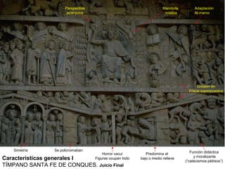 Perspectiva                                      Mandorla        Adaptación
                     jerárquica                                       mística        Al marco




                                                                                       División en
                                                                                  Frisos superpuestos




   Simetría    Se policromaban                                                     Función didáctica
                                      Horror vacui         Predomina el
                                                                                     y moralizante
Características generales I       Figuras ocupan todo   bajo o medio relieve
                                                                                (“catecismos pétreos”)
TÍMPANO SANTA FE DE CONQUES.        Juicio Final
 