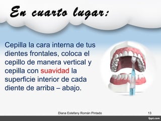 En cuarto lugar:
Diana Estefany Román Pintado 13
Cepilla la cara interna de tus
dientes frontales, coloca el
cepillo de manera vertical y
cepilla con suavidad la
superficie interior de cada
diente de arriba – abajo.
 