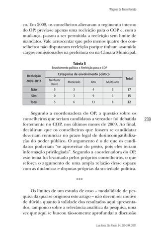 Wagner de Melo Romão

co. Em 2009, os conselheiros alteraram o regimento interno
do OP: previa-se apenas uma reeleição para o COP e, com a
mudança, passou a ser permitida a reeleição sem limite de
mandatos. Vale acrescentar que pelo menos quatro dos conselheiros não disputaram reeleição porque tinham assumido
cargos comissionados na prefeitura ou na Câmara Municipal.
Tabela 5
Envolvimento político x Reeleição para o COP

Reeleição
2009-2011

Categorias de envolvimento político
Total

Nenhum/
Baixo

Moderado

Alto

Muito alto

Não

5

3

4

5

17

Sim

0

3

9

3

15

Total

5

6

13

8

32

Segundo a coordenadora do OP, a questão sobre os
conselheiros que seriam candidatos a vereador foi debatida
fortemente no COP, nos últimos meses de 2009. Ao ﬁnal,
decidiram que os conselheiros que fossem se candidatar
deveriam renunciar no prazo legal de desincompatibilização do poder público. O argumento é o de que os candidatos poderiam “se aproveitar do posto, pois eles teriam
informação privilegiada”. Segundo a coordenadora do OP,
esse tema foi levantado pelos próprios conselheiros, o que
reforça o argumento de uma ampla relação desse espaço
com as dinâmicas e disputas próprias da sociedade política.
***
Os limites de um estudo de caso – modalidade de pesquisa da qual se originou este artigo – não devem ser motivo
de dúvida quanto à validade dos resultados aqui apresentados, tampouco sobre a relevância analítica da pesquisa, uma
vez que aqui se buscou tão-somente aprofundar a discussão
Lua Nova, São Paulo, 84: 219-244, 2011

239

 