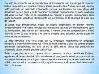 El juego que presentamos costa de cubos elaborados en cartón hechos
artesanalmente y a mano, empleando materiales básicos de manualidades para
su confección, este cartón es resistente, a varios usos en comparación a otros
tipos de catón ya que la edad a la que va dirigido debe soportar un uso excesivo
y fuerte de los mismos.
Por ello se presenta un rompecabezas tridimensional que mantenga el carácter
lúdico para niños en edades comprendidas entre los 3 a 7 años de edad, siendo
este mercado un mercado importante ya que las familias en esta etapa del
desarrollo de sus hijos y en la condición actual de permanencia en casa producto
del virus se han visto en la necesidad de recurrir a juegos tradicionales para
jugar en familia, viéndose últimamente un incremento en la solicitud de este tipo
de juegos.
Lo más llamativo a la vista debe ser su empaque, mostramos un empaque
llamativo e inconfundible para los niños de esas edades y que los padres podrán
identificar rápidamente, he aquí el 50 al 60% de la venta del producto su
presencia visual ante el público consumidor.
Este rompecabezas como hemos dicho presenta muchos beneficios lúdicos,
ayuda en el desarrollo del niño, resistente al uso para la edad, y una visual de
empaque llamativa para lograr ventas en el mercado y a la vez enamorar al
público consumidor dándole los niños que lo usen por el desarrollo intelectual y
físico de estos.
 