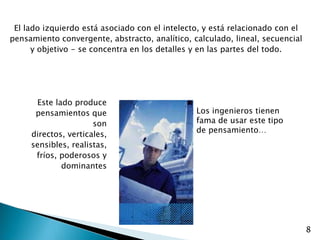 El lado izquierdo está asociado con el intelecto, y está relacionado con el
pensamiento convergente, abstracto, analítico, calculado, lineal, secuencial
      y objetivo - se concentra en los detalles y en las partes del todo.




      Este lado produce
      pensamientos que                          Los ingenieros tienen
                      son                       fama de usar este tipo
                                                de pensamiento…
     directos, verticales,
     sensibles, realistas,
      fríos, poderosos y
             dominantes




                                                                               8
 