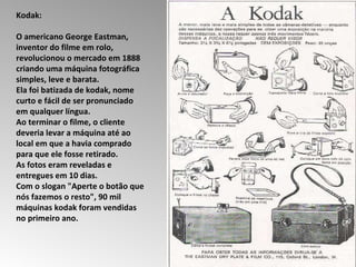 Kodak:  O americano George Eastman, inventor do filme em rolo, revolucionou o mercado em 1888 criando uma máquina fotográfica simples, leve e barata.  Ela foi batizada de kodak, nome curto e fácil de ser pronunciado em qualquer língua.  Ao terminar o filme, o cliente deveria levar a máquina até ao local em que a havia comprado para que ele fosse retirado.  As fotos eram reveladas e entregues em 10 dias.  Com o slogan "Aperte o botão que nós fazemos o resto", 90 mil máquinas kodak foram vendidas no primeiro ano.  