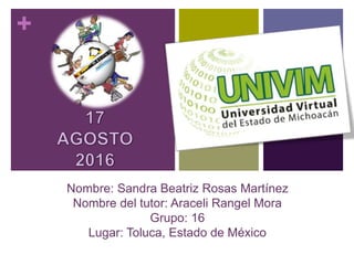 +
Nombre: Sandra Beatriz Rosas Martínez
Nombre del tutor: Araceli Rangel Mora
Grupo: 16
Lugar: Toluca, Estado de México
 