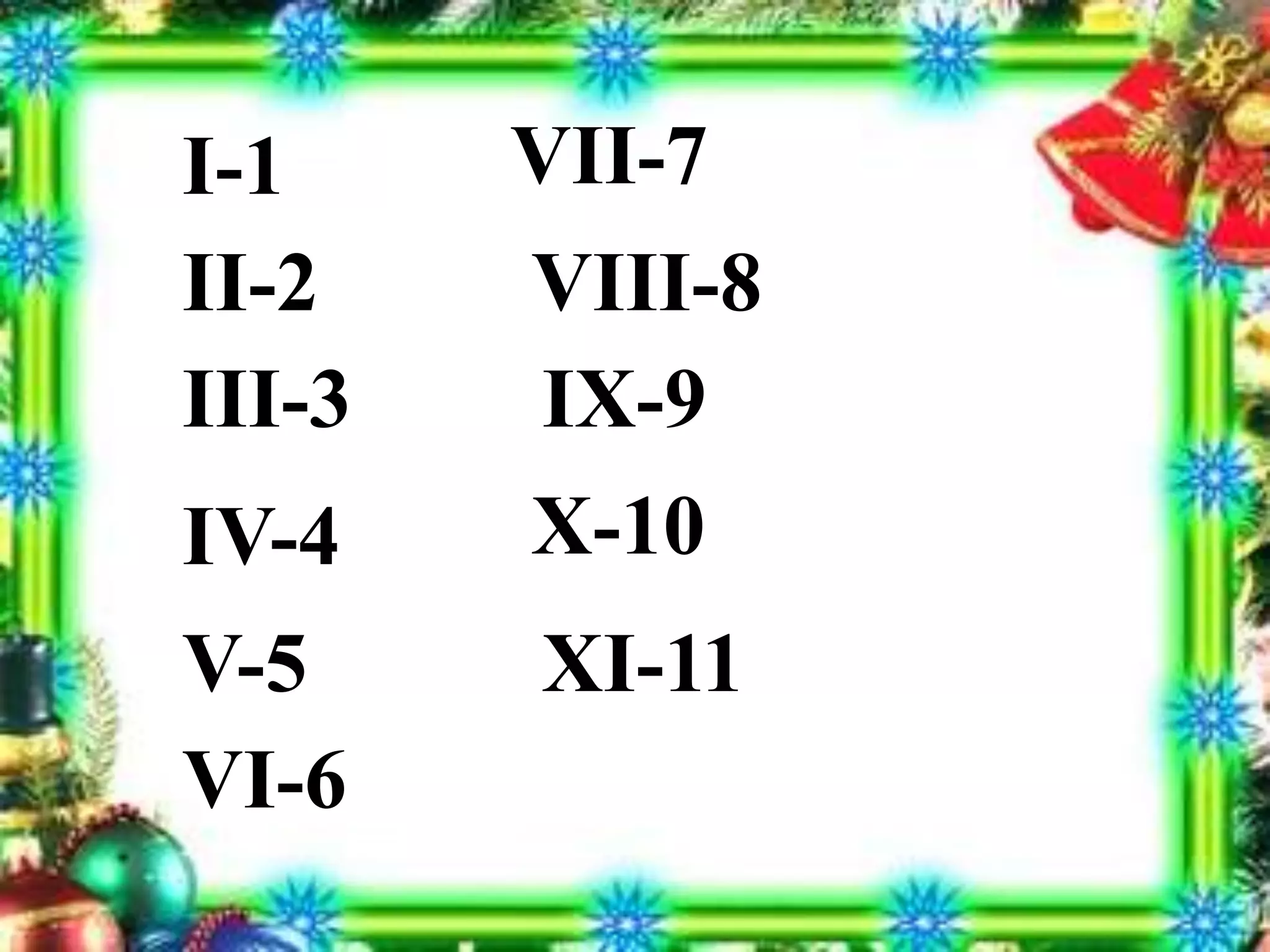 VII-7     I-1     VIII-8     II-2     III-3     IX-9     X-10     IV-4     V-5     XI-11     VI-6     