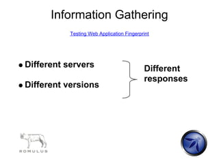 Information Gathering
           Testing Web Application Fingerprint




Different servers                          Different
                                           responses
Different versions
 