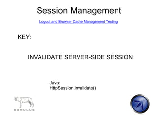 Session Management
       Logout and Browser Cache Management Testing



KEY:


  INVALIDATE SERVER-SIDE SESSION



      ...