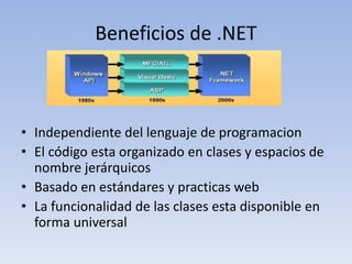 Beneficios de .NET
• Independiente del lenguaje de programacion
• El código esta organizado en clases y espacios de
nombre jerárquicos
• Basado en estándares y practicas web
• La funcionalidad de las clases esta disponible en
forma universal
 