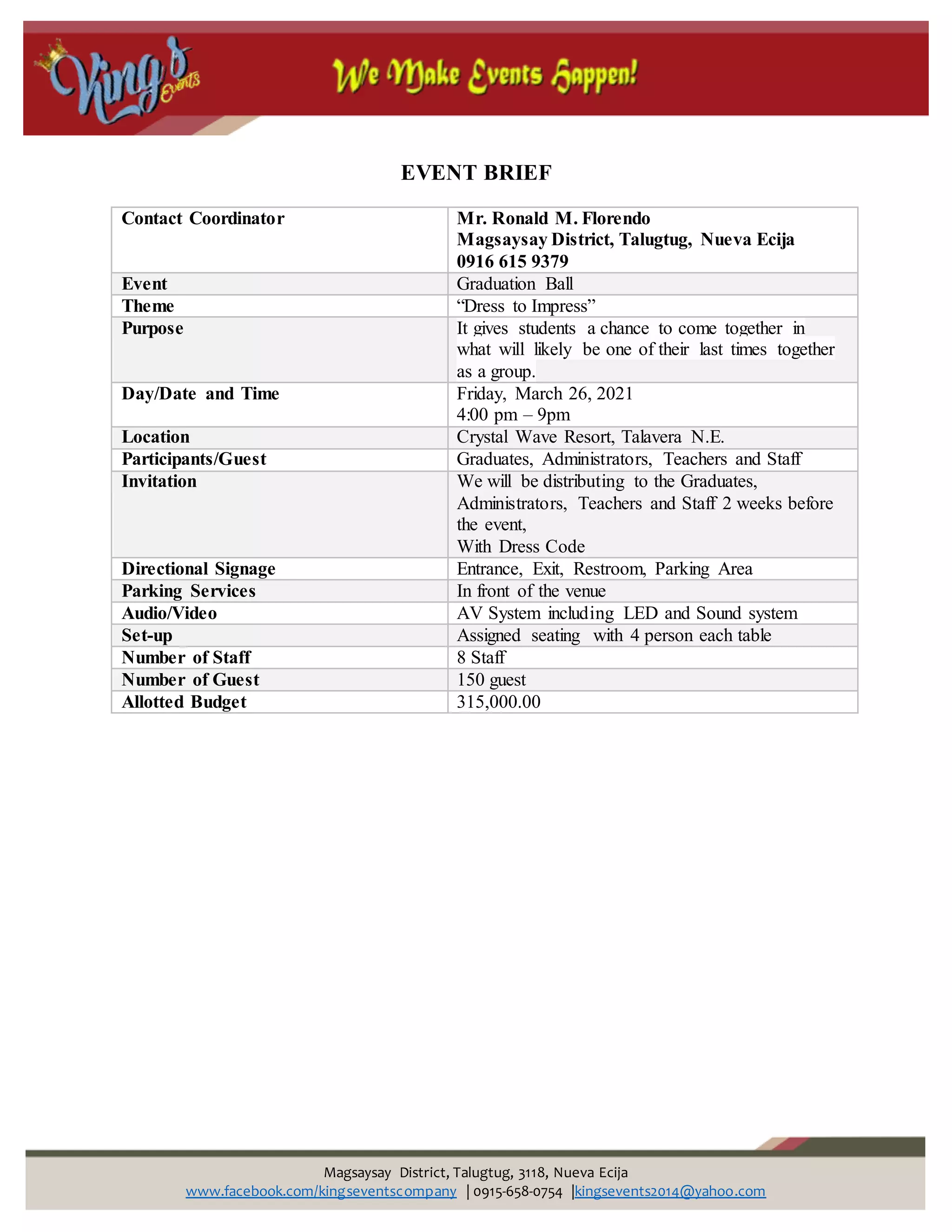 Magsaysay District, Talugtug, 3118, Nueva Ecija
www.facebook.com/kingseventscompany | 0915-658-0754 |kingsevents2014@yahoo.com
EVENT BRIEF
Contact Coordinator Mr. Ronald M. Florendo
Magsaysay District, Talugtug, Nueva Ecija
0916 615 9379
Event Graduation Ball
Theme “Dress to Impress”
Purpose It gives students a chance to come together in
what will likely be one of their last times together
as a group.
Day/Date and Time Friday, March 26, 2021
4:00 pm – 9pm
Location Crystal Wave Resort, Talavera N.E.
Participants/Guest Graduates, Administrators, Teachers and Staff
Invitation We will be distributing to the Graduates,
Administrators, Teachers and Staff 2 weeks before
the event,
With Dress Code
Directional Signage Entrance, Exit, Restroom, Parking Area
Parking Services In front of the venue
Audio/Video AV System including LED and Sound system
Set-up Assigned seating with 4 person each table
Number of Staff 8 Staff
Number of Guest 150 guest
Allotted Budget 315,000.00
 