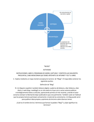 “BLOGS” 
ACTIVIDAD 
•la comunicacion es 
mas facil y rapida 
INSTRUCCIONES: ABRE EL PROGRAMA DE WORD, CAPTURA Y CONTESTA LAS SIGUIENTES 
PREGUNTAS, CABE MENCIONAR QUE DEBES APOYARTE DE INTERNET Y DE TU LIBRO. 
1.- Explica mediante un mapa mental-conceptual el servicio de “Blogs”. El mapa debe contener los 
siguientes puntos: 
Definición de “Blog” 
R= Un blog (en español,1 también bitácora digital, cuaderno de bitácora, ciber bitácora, ciber 
diario, o web blog, o weblog)1 es un sitio web en el que uno o varios autores publican 
cronológicamente textos o artículos, apareciendo primero el más reciente, y donde el autor 
conserva siempre la libertad de dejar publicado lo que crea pertinente. También suele ser habitual 
que los propios lectores participen activamente a través de los comentarios. Un blog puede servir 
para publicar ideas propias y opiniones de terceros sobre diversos temas. 
¿Cuál es el nombre de los 2 términos que forman la palabra “Blog”? y ¿Qué significan los 
términos? 
•la aceptacion de 
personas que no se 
conocen y la 
adiccion a las redes 
sociales 
redes 
sociales 
ventajas 
desventajas 
 