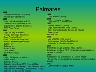 Palmares 1994 - Campeonato Mineiro (Cruzeiro)  - Mundial de Fútbol (Brasil) 1996 - Copa de los Países Bajos (PSV)  - Goleador de la Erediviese (PSV)  - Supercopa de España (Barcelona) - FIFA World Player  1997 - Copa del Rey (Barcelona)  - Recopa de Europa (Barcelona) - Copa América (Brasil) - Copa Confederaciones (Brasil) - Pichichi de la LFP (Barcelona) - Bota de oro - Balón de oro - Trofeo Bravo - Onze de oro - FIFA World Player 1998 - Copa UEFA (Inter de Milán) - Trofeo Bravo - Balón de Bronce - Goleador de la Copa UEFA (Inter de Milán) - Mejor extranjero de la Lega Calcio (Inter de Milán) - Mejor jugador de la Lega Calcio (Inter de Milán) - Balon de oro del Mundial (Brasil) 1999 - Copa América (Brasil) 2000 - Plata en el FIFA  World Player 2002 - Mundial de Fútbol (Brasil) - Copa Intercontinental (Real Madrid) - Botín de oro al goleador del Mundial (Brasil) - Balón de oro  Onze de oro 2003 Liga Española (Real Madrid) Supercopa de España (Real Madrid) Bronce en el FIFA World Player 2004   Pichichi de la Liga Española (Real Madrid) Incluido en la lista de FIFA 100 de los mejores jugadores vivos en la historia 2006 Goleador de las Eliminatorias al Mundial (Brasil) Se convirtió en el goleador de la historia de los mundiales (Brasil) 2007 - Uefa Champions League (Milan) 