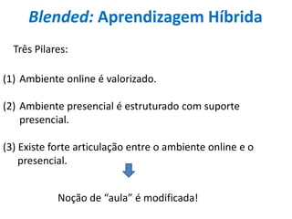 Blended: Aprendizagem Híbrida
(1) Ambiente online é valorizado.
(2) Ambiente presencial é estruturado com suporte
presencial.
(3) Existe forte articulação entre o ambiente online e o
presencial.
Três Pilares:
Noção de “aula” é modificada!
 