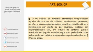 ART. 100, CF
§ 1º Os débitos de natureza alimentícia compreendem
aqueles decorrentes de salários, vencimentos, proventos,
pensões e suas complementações, benefícios previdenciários e
indenizações por morte ou por invalidez, fundadas em
responsabilidade civil, em virtude de sentença judicial
transitada em julgado, e serão pagos com preferência sobre
todos os demais débitos, exceto sobre aqueles referidos no §
2º deste artigo.
 