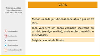 VARA
Menor unidade jurisdicional onde atua o juiz de 1º
grau.
Toda vara tem um anexo chamado secretaria ou
cartório (serviço auxiliar), onde estão o escrivão e
os servidores.
Dirigida pelo Juiz de Direito.
 