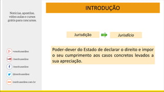 Jurisdição Jurisdĭcio
INTRODUÇÃO
Poder-dever do Estado de declarar o direito e impor
o seu cumprimento aos casos concretos levados a
sua apreciação.
 