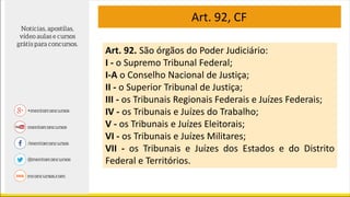 Art. 92, CF
Art. 92. São órgãos do Poder Judiciário:
I - o Supremo Tribunal Federal;
I-A o Conselho Nacional de Justiça;
II - o Superior Tribunal de Justiça;
III - os Tribunais Regionais Federais e Juízes Federais;
IV - os Tribunais e Juízes do Trabalho;
V - os Tribunais e Juízes Eleitorais;
VI - os Tribunais e Juízes Militares;
VII - os Tribunais e Juízes dos Estados e do Distrito
Federal e Territórios.
 
