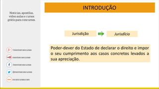 Jurisdição Jurisdĭcio
INTRODUÇÃO
Poder-dever do Estado de declarar o direito e impor
o seu cumprimento aos casos concretos levados a
sua apreciação.
 