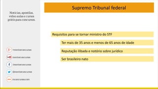 Supremo Tribunal federal
Ter mais de 35 anos e menos de 65 anos de idade
Reputação ilibada e notório sobre jurídico
Ser brasileiro nato
Requisitos para se tornar ministro do STF
 