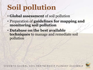 Soil pollution
• Global assessment of soil pollution
• Preparation of guidelines for mapping and
monitoring soil pollution
• Database on the best available
techniques to manage and remediate soil
pollution
 