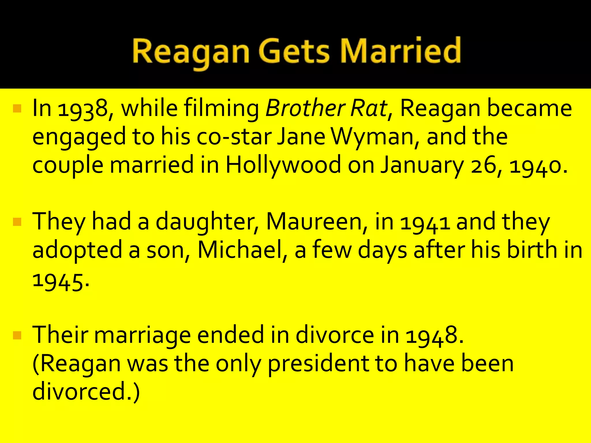 Reagan’s School YearsReagan played football but earned only passing grades. He was a popular student and was elected class president in his senior year. In 1932, he Graduated with a bachelor's degree in economics. 
