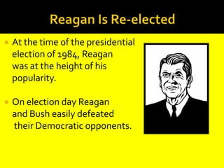 Reagan For PresidentIn 1980, Reagan ran for president as a Republican. Reagan fought a strong campaign against George Bush and became the Republican's nominee for President.He chose George Bush to be his running mate.Together they easily beat former president Jimmy Carter making Ronald Reagan the 40th president of the United States.