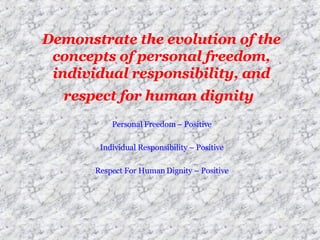 Demonstrate the evolution of the concepts of personal freedom, individual responsibility, and respect for human dignity   Personal Freedom – Positive  Individual Responsibility – Positive  Respect For Human Dignity – Positive  